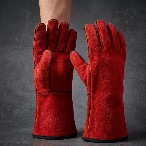 A pair of industrial-grade cotton work gloves displayed against a dark, professional workshop background.