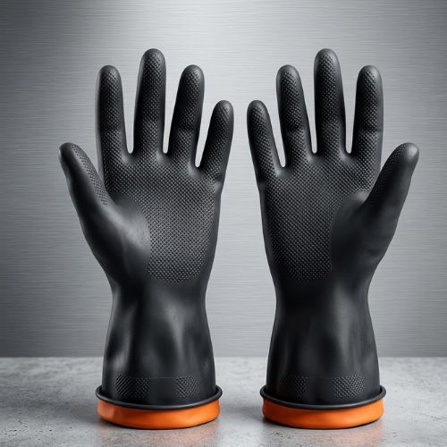 A pair of heavy-duty black industrial chemical-resistant gloves displayed against a metallic slate background.