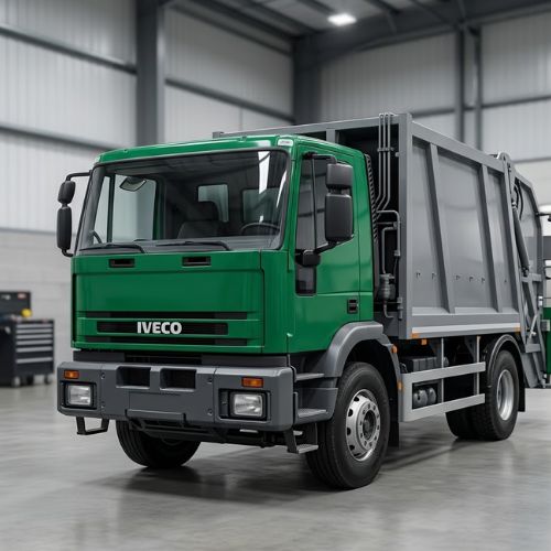 A green 2004 Iveco garbage compactor truck parked on a clean, industrial workshop floor.