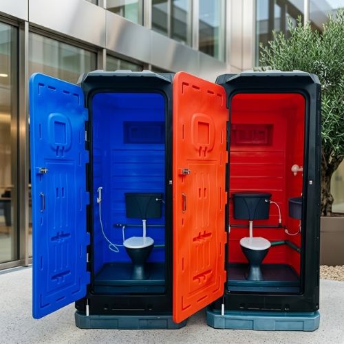 Two modern, colorful portable toilet units featuring a vibrant blue and bright orange design, set against a clean, professional exterior background.
