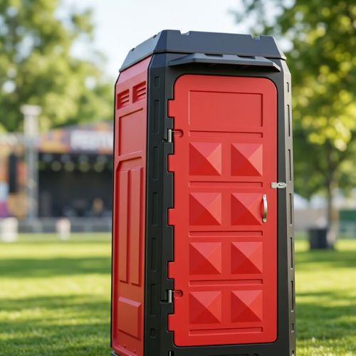 A premium, red and black portable sanitation toilet standing in a grassy outdoor area.