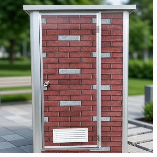 A sleek, modern portable mobile toilet unit with a decorative red brick finish designed for clean and professional sanitation environments.