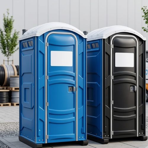 A professional-grade mobile sanitation unit featuring a sleek blue and black exterior, designed for modern industrial or event-based use.