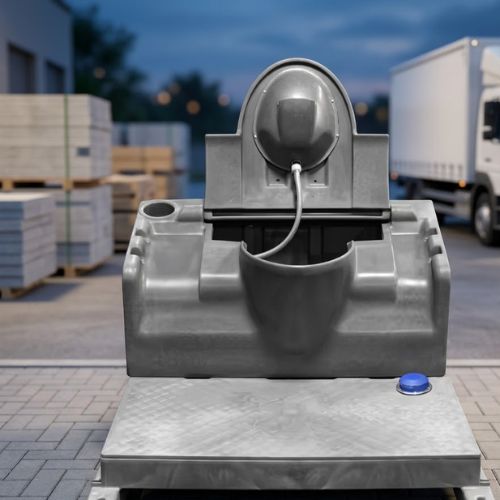 A professional-grade mobile sanitation station base with integrated waste management, set against a modern industrial logistics backdrop.