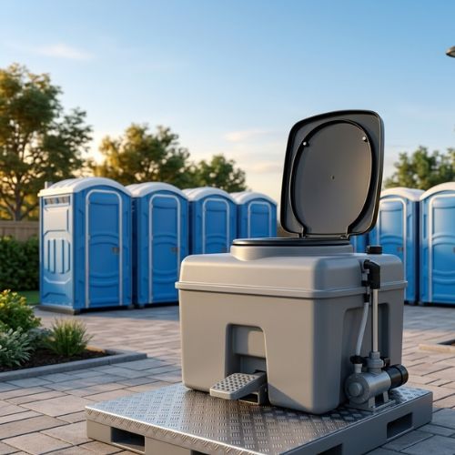 A professional-grade, self-contained portable toilet flushing system featuring a central flapper bowl and foot-operated flush mechanism on a durable base.