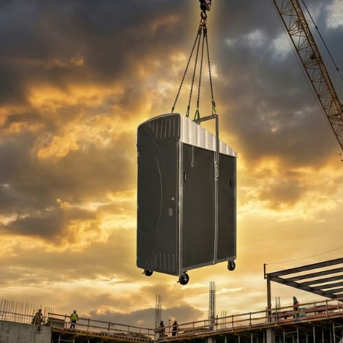 A heavy-duty crane lifting a portable toilet at a high-rise construction site against a sunset sky.