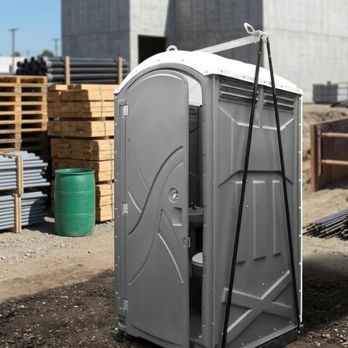 A heavy-duty, grey portable toilet unit designed for industrial use on construction sites.