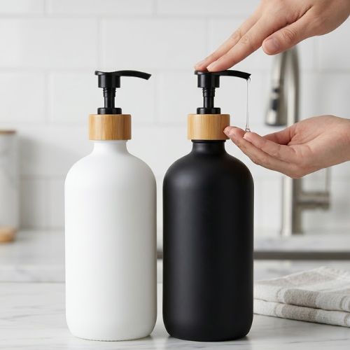 A matte black and white refillable soap dispenser set on a marble countertop with a person's hand pressing the pump.